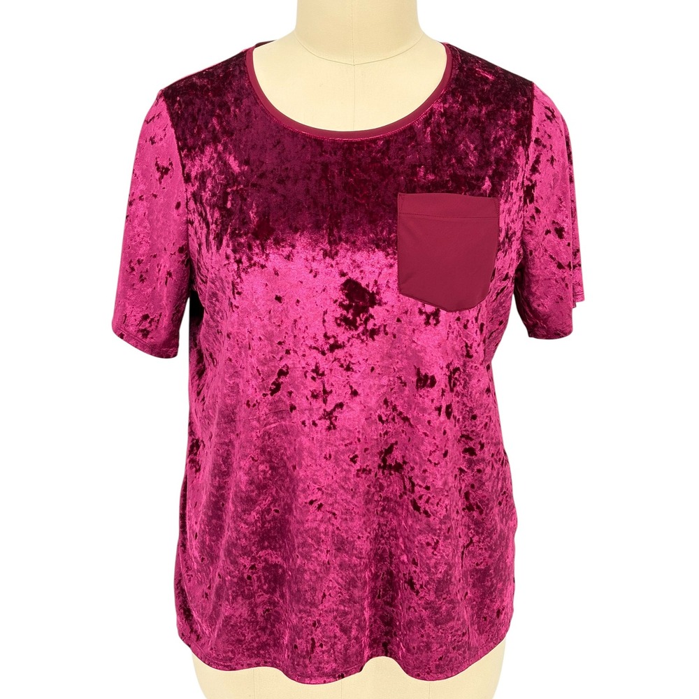 EVRI Crushed Velvet Top Magenta Pink Short Sleeve Pocket Tee‎ 1X
